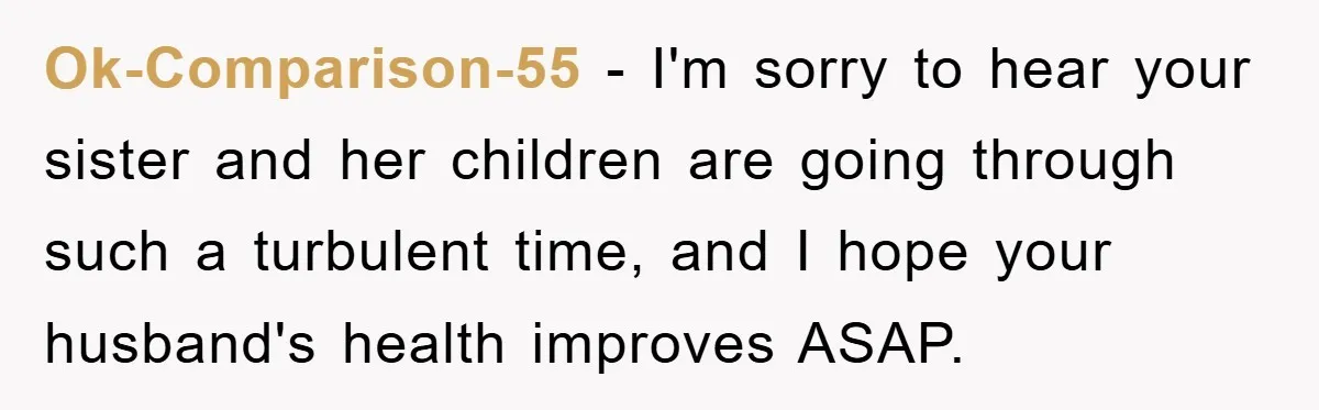 Ok-Comparison-55 − I'm sorry to hear your sister and her children are going through such a turbulent time, and I hope your husband's health improves ASAP.