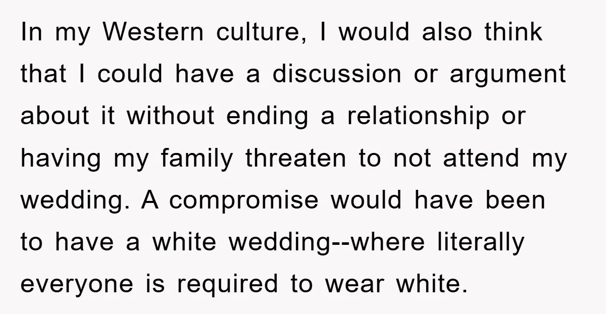 In my Western culture, I would also think that I could have a discussion or argument about it without ending a relationship or having my family threaten to not attend...