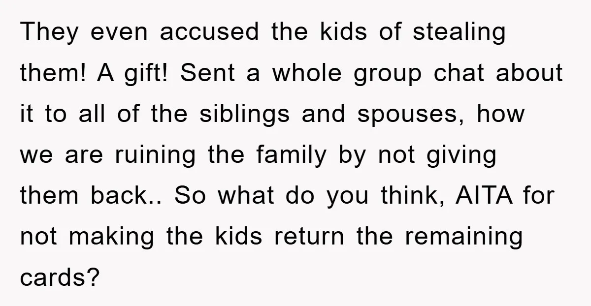 They even accused the kids of stealing them! A gift! Sent a whole group chat about it to all of the siblings and spouses, how we are ruining the family...