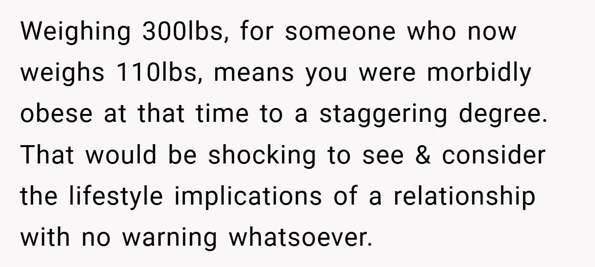Weighing 300lbs, for someone who now weighs 110lbs, means you were morbidly obese at that time to a staggering degree. That would be shocking to see & consider the lifestyle...