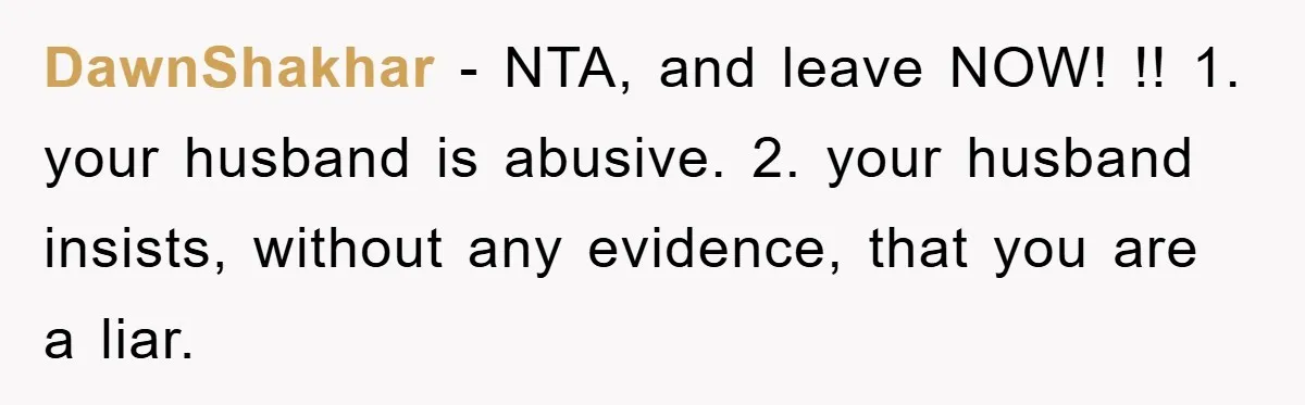 DawnShakhar − NTA, and leave NOW! !! 1. your husband is abusive. 2. your husband insists, without any evidence, that you are a liar.