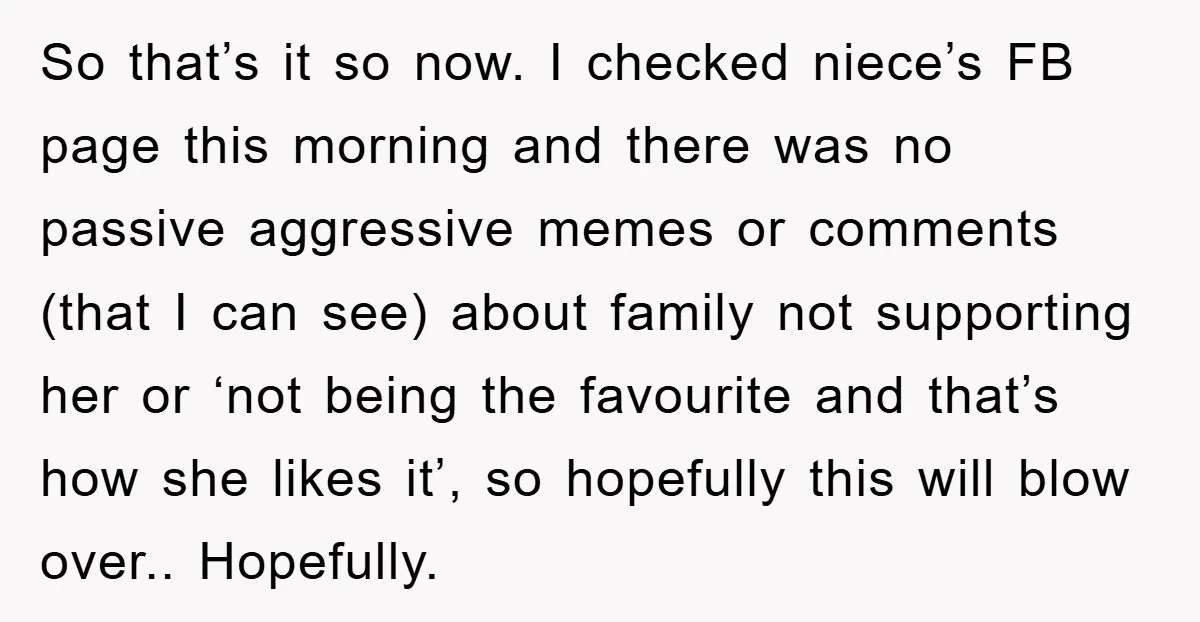 So that’s it so now. I checked niece’s FB page this morning and there was no passive aggressive memes or comments (that I can see) about family not supporting her...