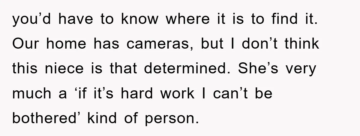 you’d have to know where it is to find it. Our home has cameras, but I don’t think this niece is that determined. She’s very much a ‘if it’s hard...