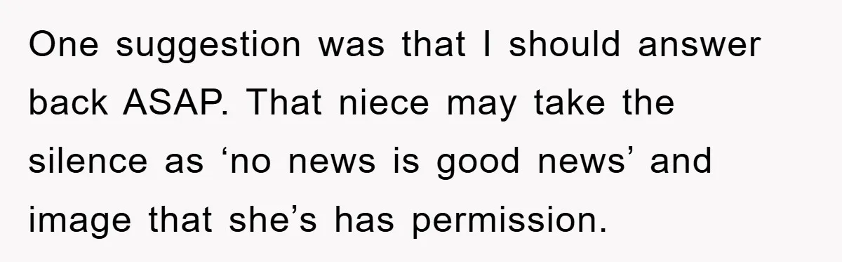 One suggestion was that I should answer back ASAP. That niece may take the silence as ‘no news is good news’ and image that she’s has permission.