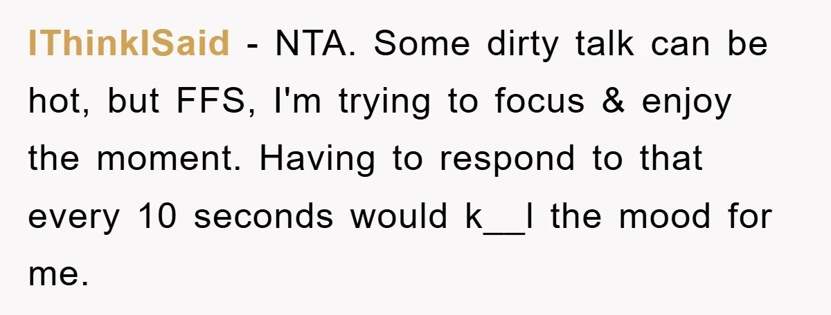 IThinkISaid − NTA. Some dirty talk can be hot, but FFS, I'm trying to focus & enjoy the moment. Having to respond to that every 10 seconds would k__l the...