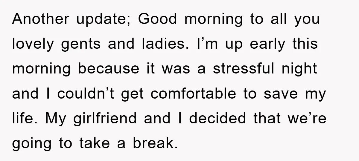 Another update; Good morning to all you lovely gents and ladies. I’m up early this morning because it was a stressful night and I couldn’t get comfortable to save my...
