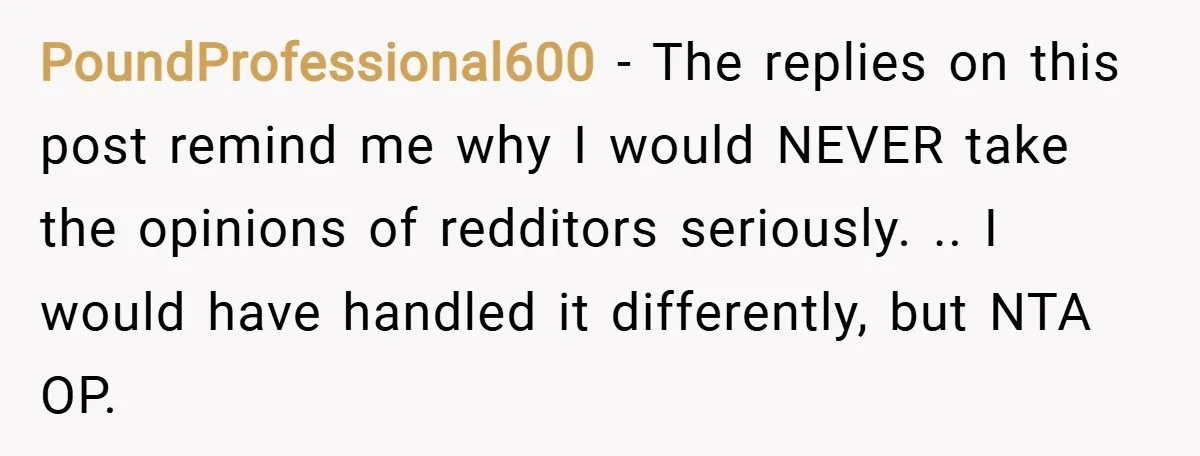 PoundProfessional600 − The replies on this post remind me why I would NEVER take the opinions of redditors seriously. .. I would have handled it differently, but NTA OP.