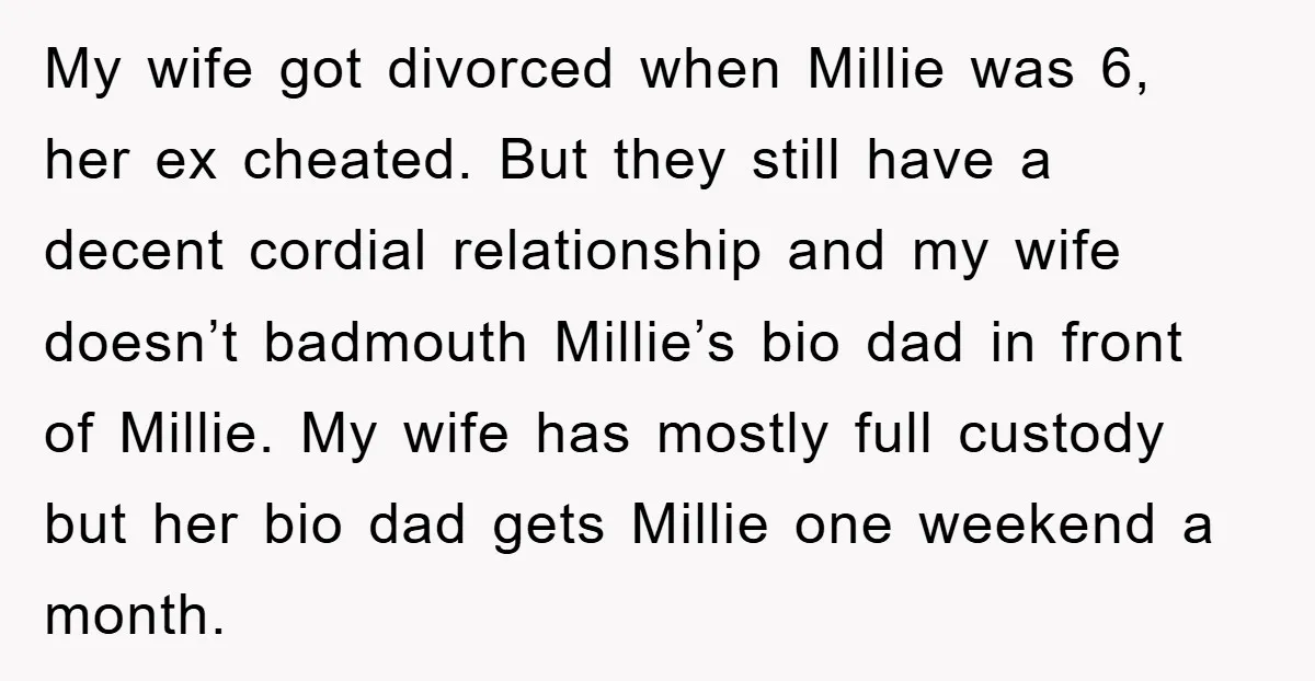 My wife got divorced when Millie was 6, her ex cheated. But they still have a decent cordial relationship and my wife doesn’t badmouth Millie’s bio dad in front of...