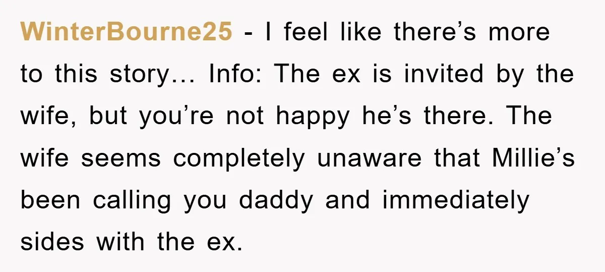 WinterBourne25 − I feel like there’s more to this story… Info: The ex is invited by the wife, but you’re not happy he’s there. The wife seems completely unaware that...