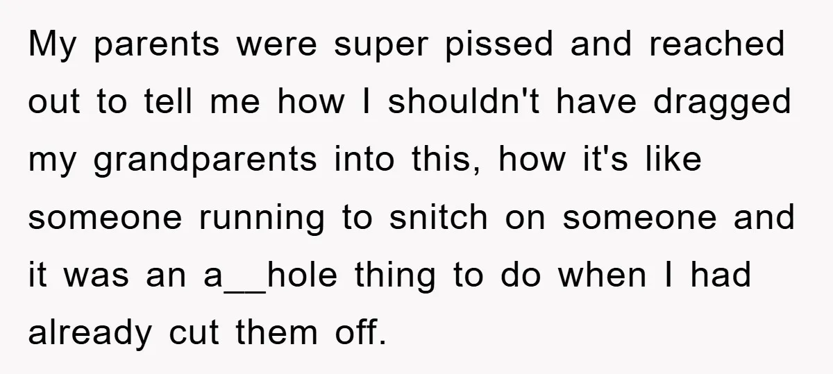 My parents were super pissed and reached out to tell me how I shouldn't have dragged my grandparents into this, how it's like someone running to snitch on someone and...