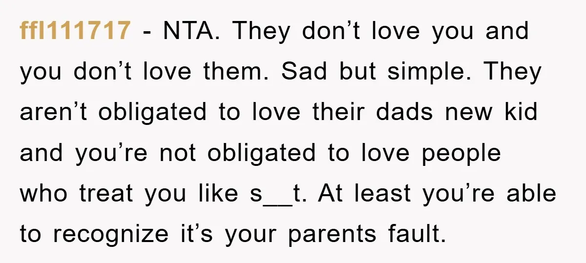 ffl111717 − NTA. They don’t love you and you don’t love them. Sad but simple. They aren’t obligated to love their dads new kid and you’re not obligated to love...