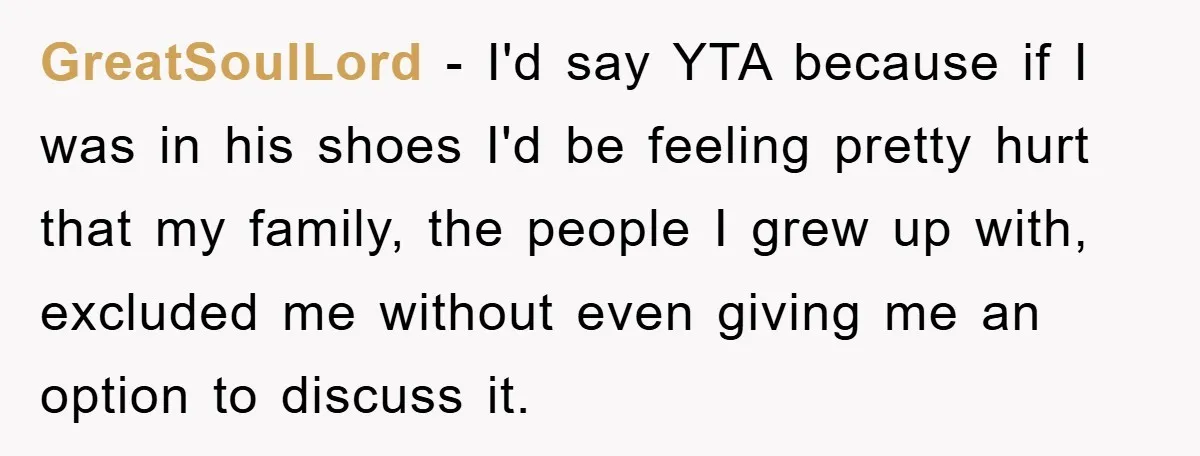 GreatSoulLord − I'd say YTA because if I was in his shoes I'd be feeling pretty hurt that my family, the people I grew up with, excluded me without even...
