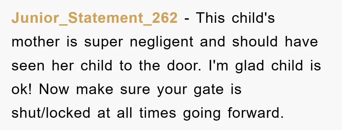 Junior_Statement_262 − This child's mother is super negligent and should have seen her child to the door. I'm glad child is ok! Now make sure your gate is shut/locked at...