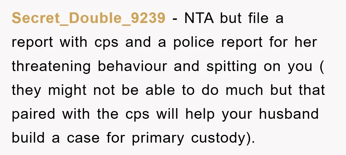 Secret_Double_9239 − NTA but file a report with cps and a police report for her threatening behaviour and spitting on you ( they might not be able to do much...