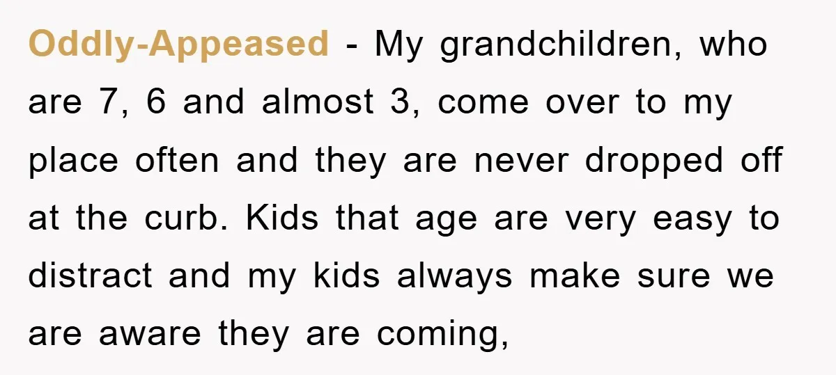 Oddly-Appeased − My grandchildren, who are 7, 6 and almost 3, come over to my place often and they are never dropped off at the curb. Kids that age are...