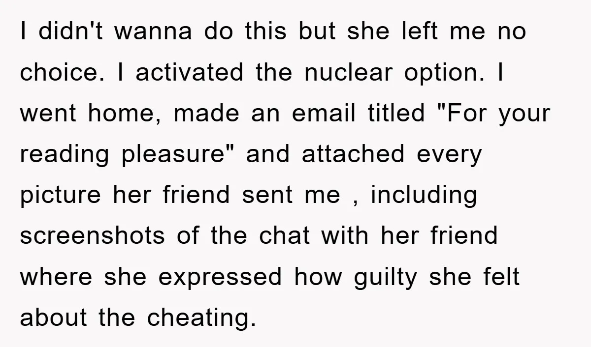 I didn't wanna do this but she left me no choice. I activated the nuclear option. I went home, made an email titled "For your reading pleasure" and attached every...