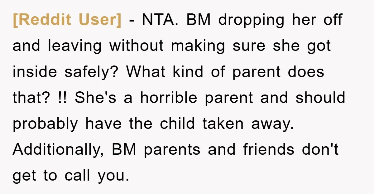 [Reddit User] − NTA. BM dropping her off and leaving without making sure she got inside safely? What kind of parent does that? !! She's a horrible parent and should...