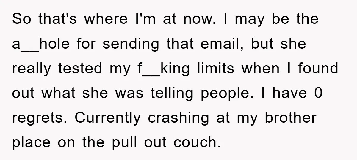 So that's where I'm at now. I may be the a__hole for sending that email, but she really tested my f__king limits when I found out what she was telling...