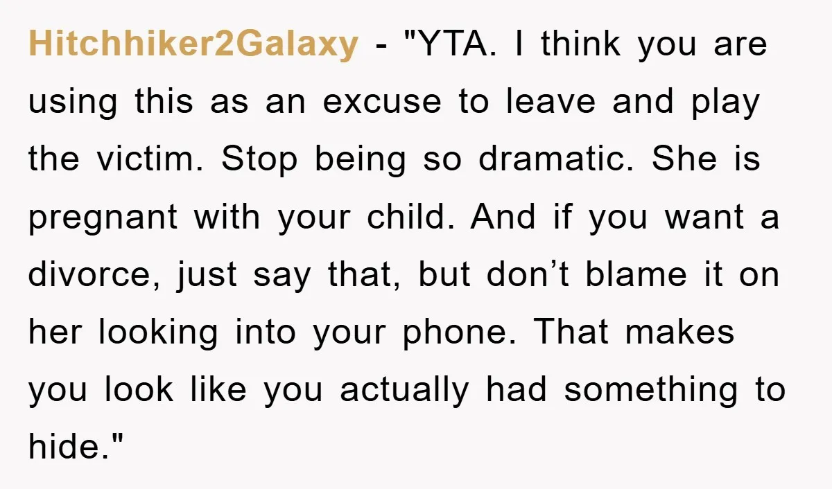 Hitchhiker2Galaxy - "YTA. I think you are using this as an excuse to leave and play the victim. Stop being so dramatic. She is pregnant with your child. And if...