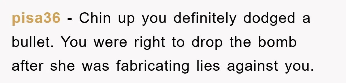 pisa36 − Chin up you definitely dodged a bullet. You were right to drop the bomb after she was fabricating lies against you.