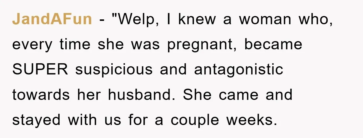 JandAFun - "Welp, I knew a woman who, every time she was pregnant, became SUPER suspicious and antagonistic towards her husband. She came and stayed with us for a couple...