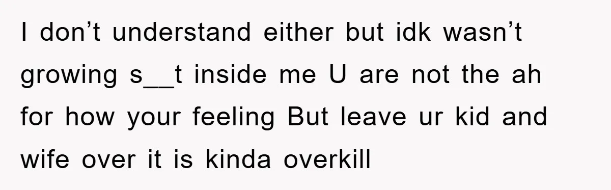 I don’t understand either but idk wasn’t growing s__t inside me U are not the ah for how your feeling But leave ur kid and wife over it is kinda...