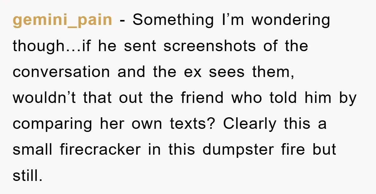 gemini_pain − Something I’m wondering though…if he sent screenshots of the conversation and the ex sees them, wouldn’t that out the friend who told him by comparing her own texts?...