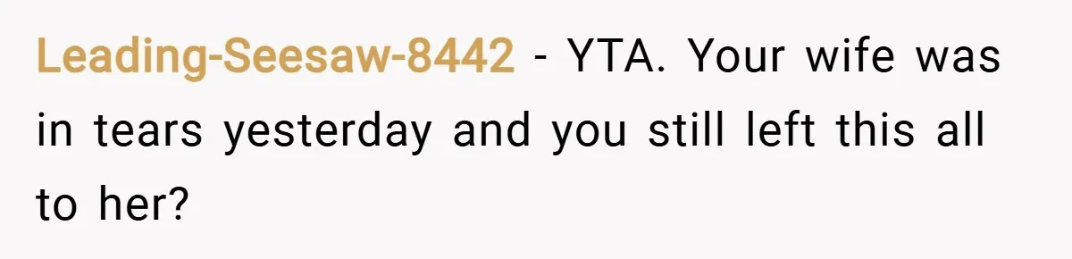 Leading-Seesaw-8442 − YTA. Your wife was in tears yesterday and you still left this all to her?