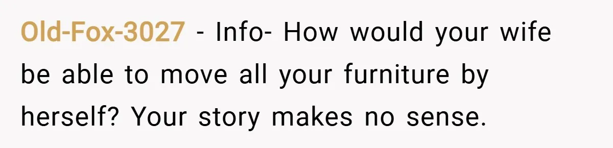 Old-Fox-3027 − Info- How would your wife be able to move all your furniture by herself? Your story makes no sense.