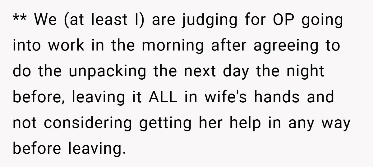 ** We (at least I) are judging for OP going into work in the morning after agreeing to do the unpacking the next day the night before, leaving it ALL...
