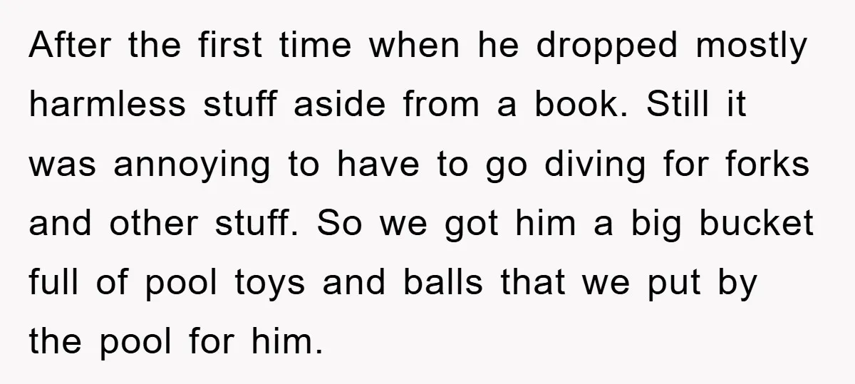 After the first time when he dropped mostly harmless stuff aside from a book. Still it was annoying to have to go diving for forks and other stuff. So we...