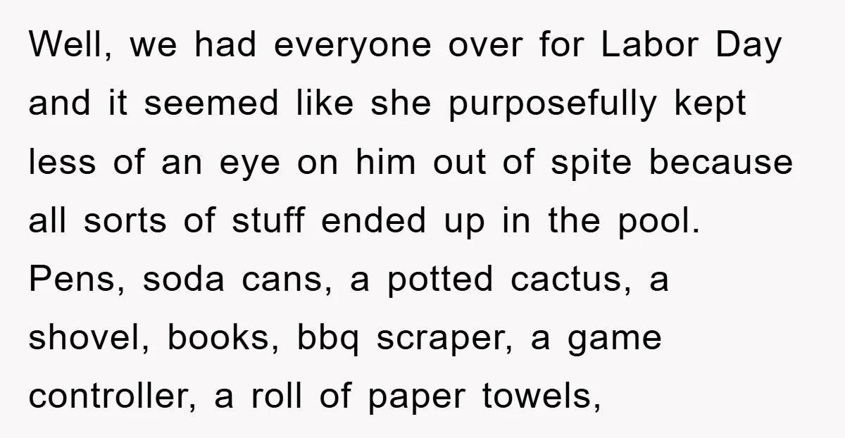 Well, we had everyone over for Labor Day and it seemed like she purposefully kept less of an eye on him out of spite because all sorts of stuff ended...