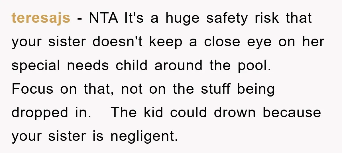 teresajs − NTA It's a huge safety risk that your sister doesn't keep a close eye on her special needs child around the pool. Focus on that, not on the...