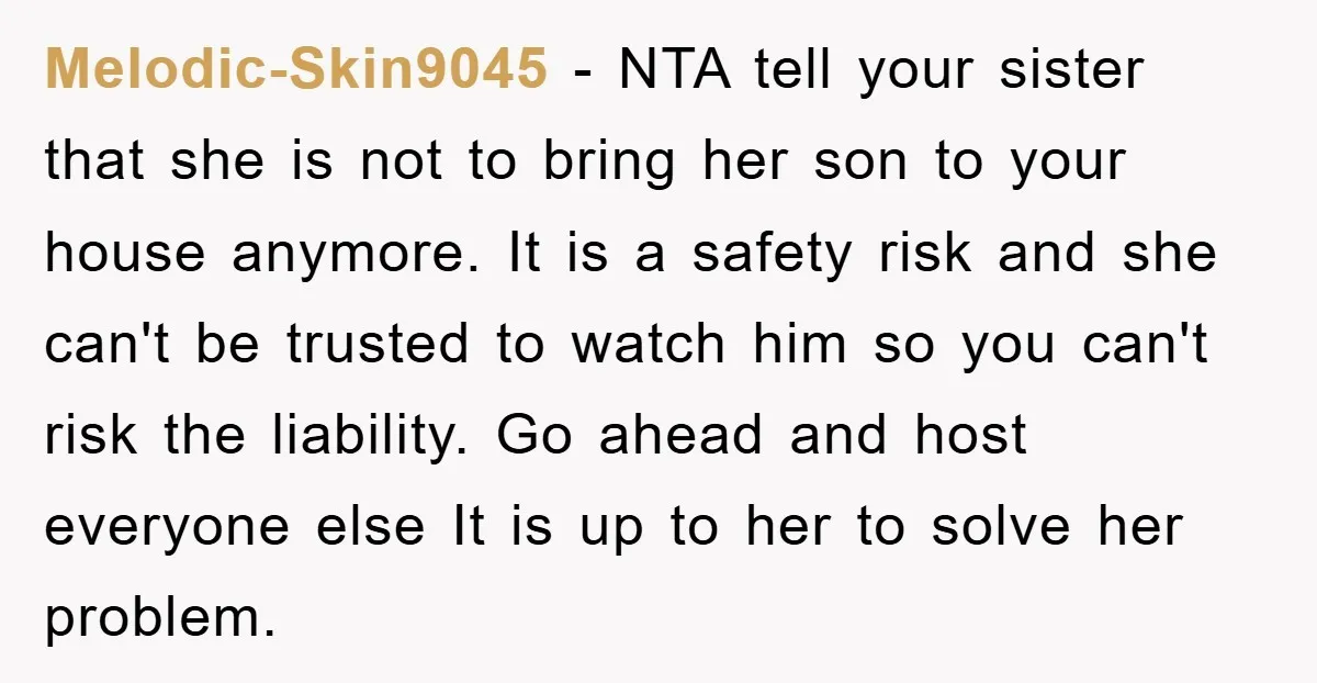 Melodic-Skin9045 − NTA tell your sister that she is not to bring her son to your house anymore. It is a safety risk and she can't be trusted to watch...
