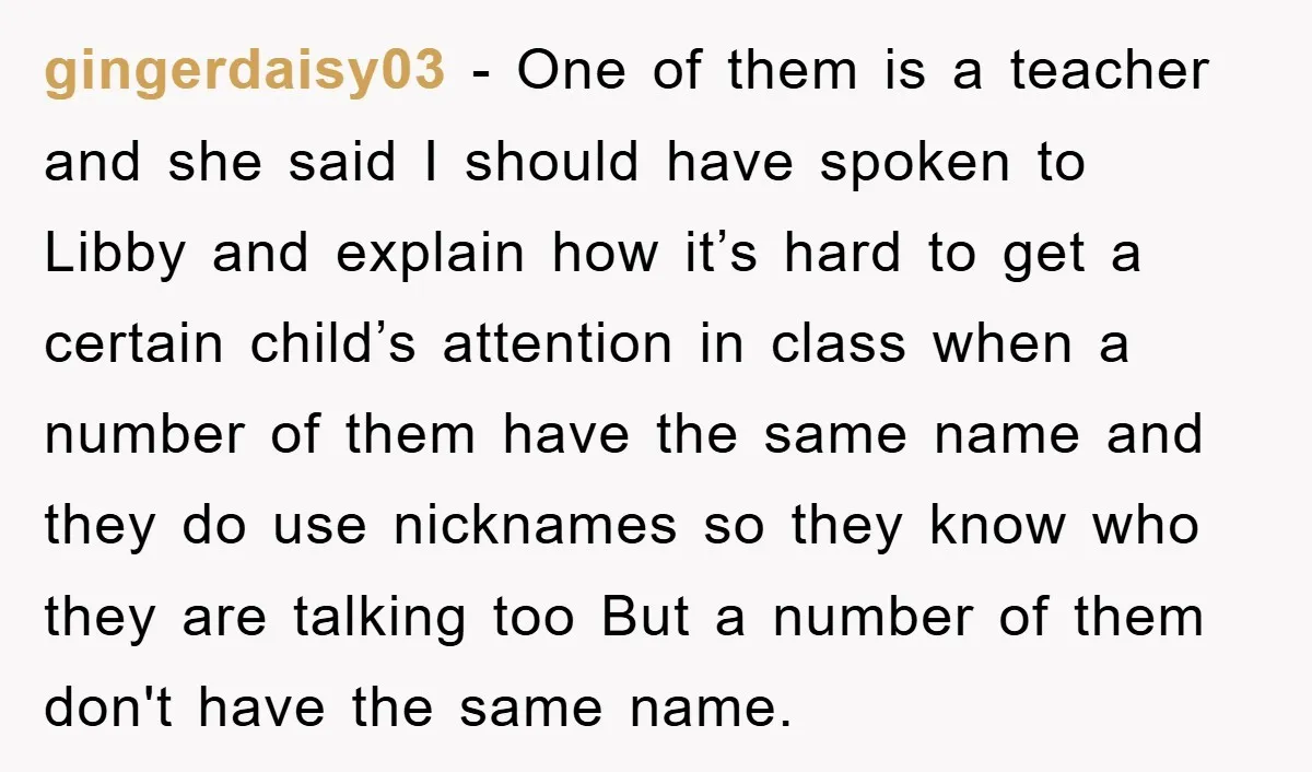 gingerdaisy03 − One of them is a teacher and she said I should have spoken to Libby and explain how it’s hard to get a certain child’s attention in class...
