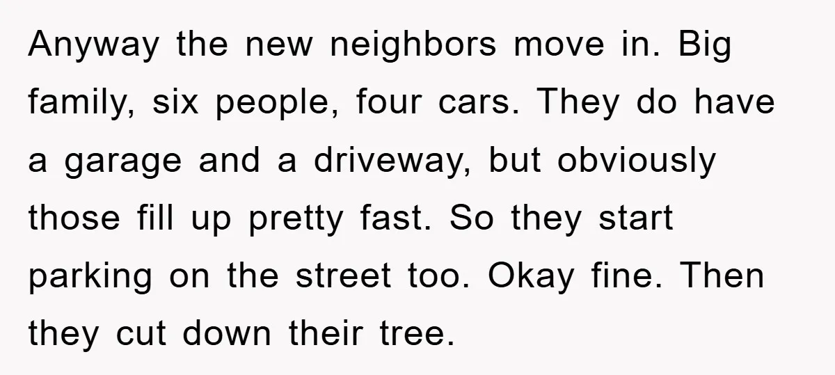 Anyway the new neighbors move in. Big family, six people, four cars. They do have a garage and a driveway, but obviously those fill up pretty fast. So they start...