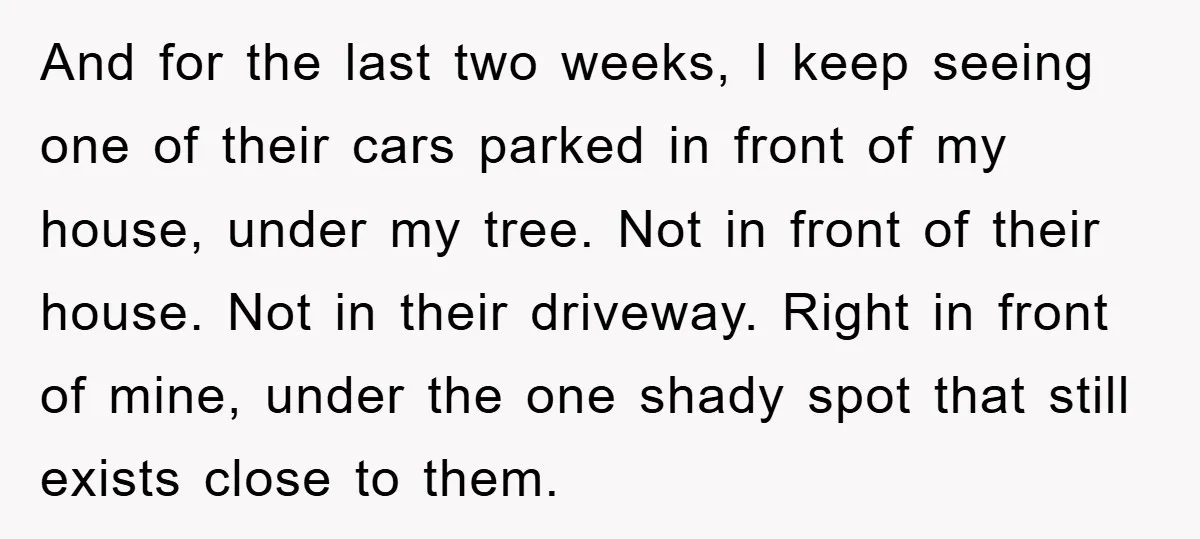 And for the last two weeks, I keep seeing one of their cars parked in front of my house, under my tree. Not in front of their house. Not in...