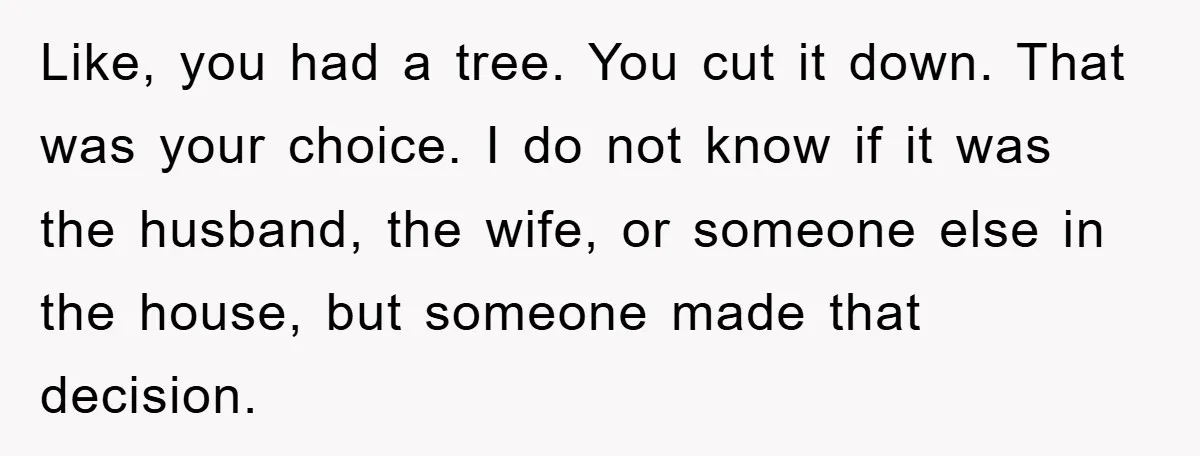 Like, you had a tree. You cut it down. That was your choice. I do not know if it was the husband, the wife, or someone else in the house,...