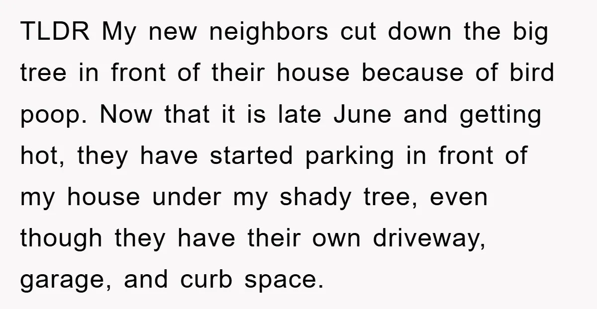 TLDR My new neighbors cut down the big tree in front of their house because of bird poop. Now that it is late June and getting hot, they have started...