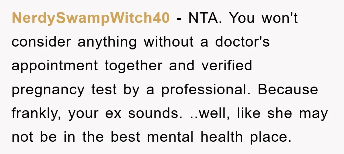 NerdySwampWitch40 − NTA. You won't consider anything without a doctor's appointment together and verified pregnancy test by a professional. Because frankly, your ex sounds. ..well, like she may not be...