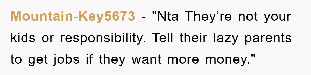 Mountain-Key5673 - "Nta They’re not your kids or responsibility. Tell their lazy parents to get jobs if they want more money."