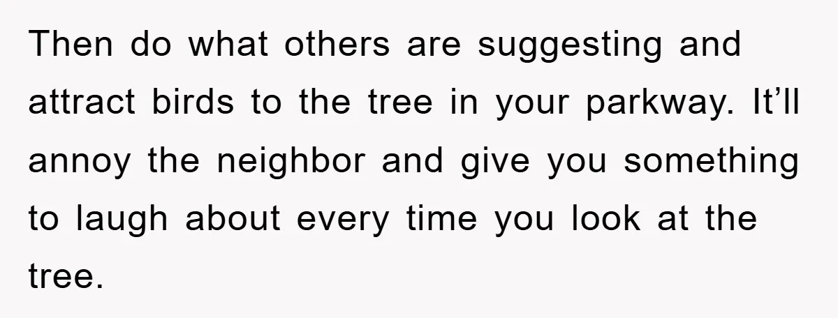 Then do what others are suggesting and attract birds to the tree in your parkway. It’ll annoy the neighbor and give you something to laugh about every time you look...