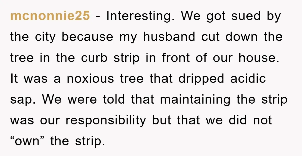 mcnonnie25 − Interesting. We got sued by the city because my husband cut down the tree in the curb strip in front of our house. It was a noxious tree...