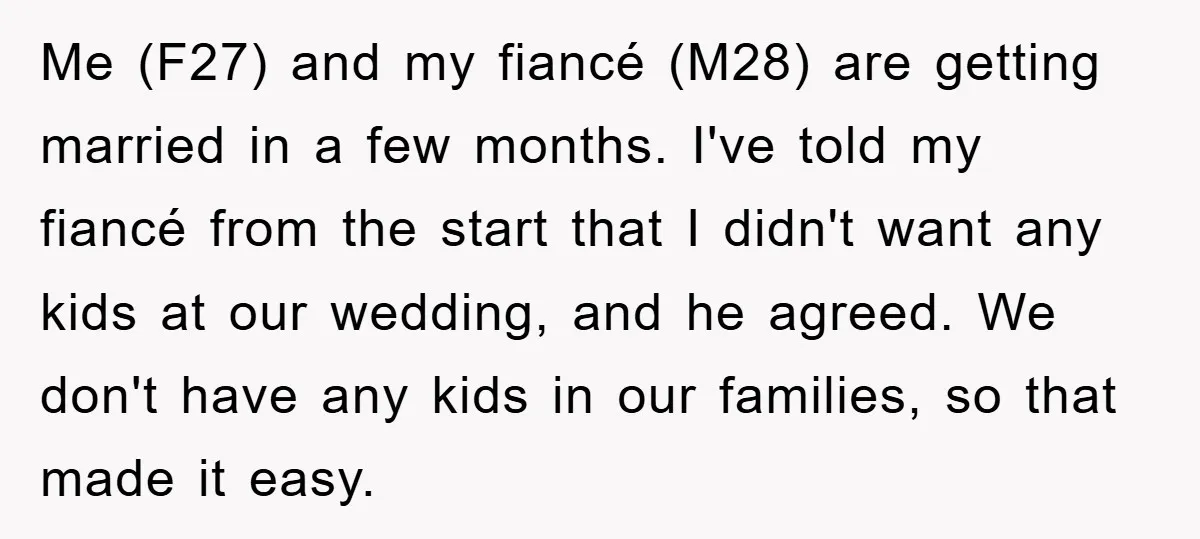 Me (F27) and my fiancé (M28) are getting married in a few months. I've told my fiancé from the start that I didn't want any kids at our wedding, and...