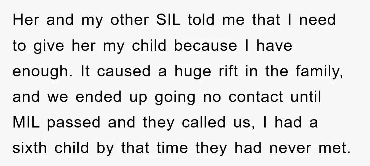 Her and my other SIL told me that I need to give her my child because I have enough. It caused a huge rift in the family, and we ended...