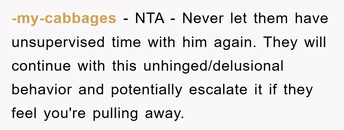 -my-cabbages − NTA - Never let them have unsupervised time with him again. They will continue with this unhinged/delusional behavior and potentially escalate it if they feel you're pulling away.