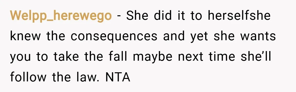 Welpp_herewego − She did it to herselfshe knew the consequences and yet she wants you to take the fall maybe next time she’ll follow the law. NTA