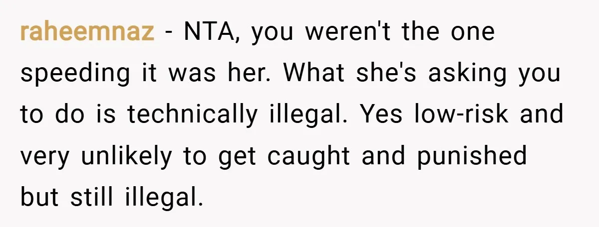 raheemnaz − NTA, you weren't the one speeding it was her. What she's asking you to do is technically illegal. Yes low-risk and very unlikely to get caught and punished...