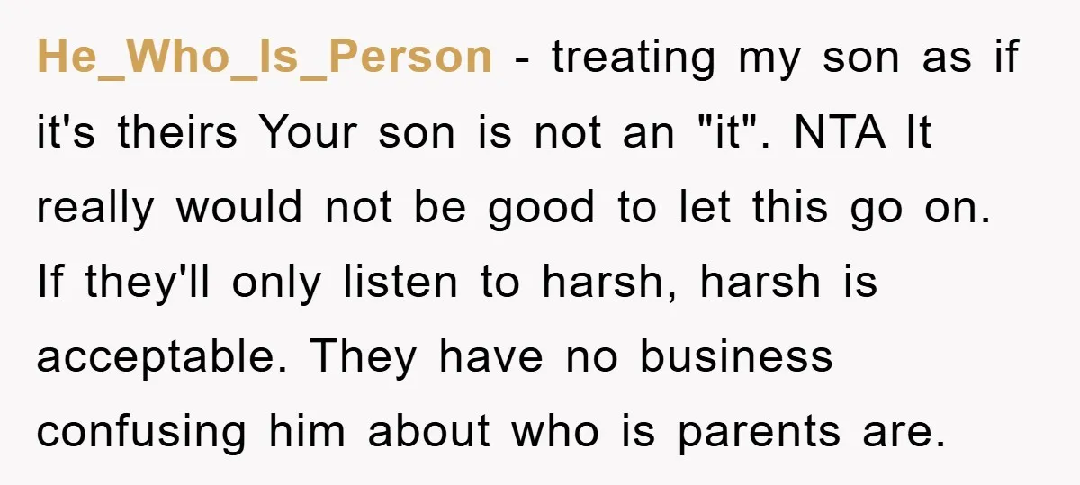 He_Who_Is_Person − treating my son as if it's theirs Your son is not an "it". NTA It really would not be good to let this go on. If they'll only...