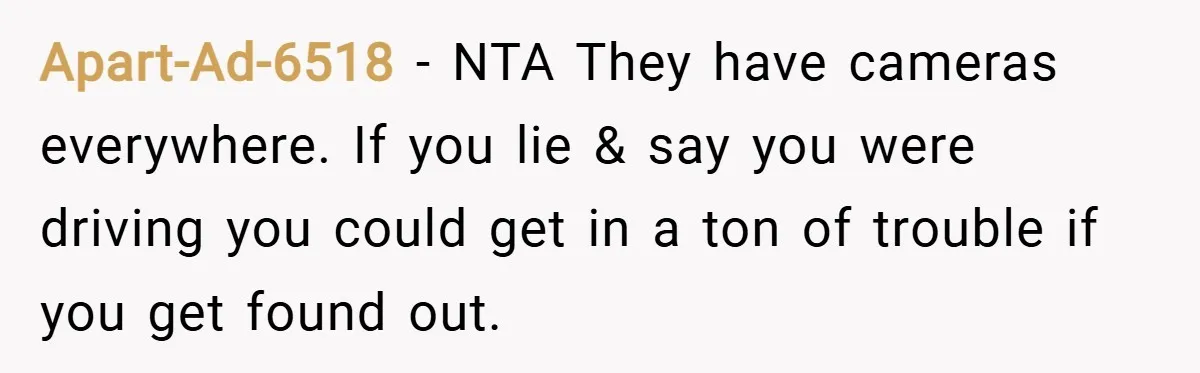 Apart-Ad-6518 − NTA They have cameras everywhere. If you lie & say you were driving you could get in a ton of trouble if you get found out.